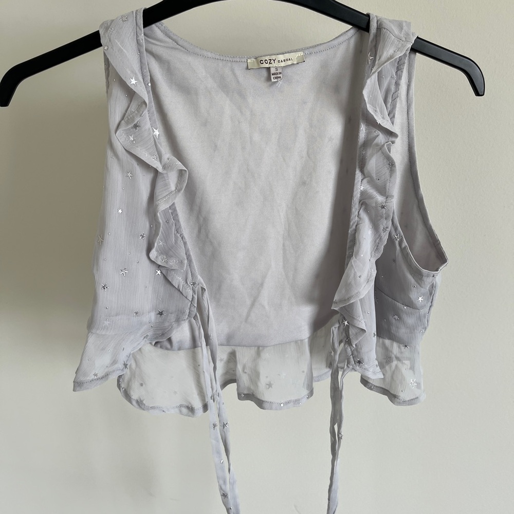 Cozy Casual Light Gray Ruffle Tie-Front Vest